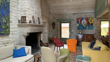 Televisión, chimenea, futbolito y tenis de mesa