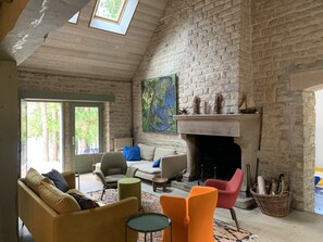 TV, fireplace, table football, ping pong