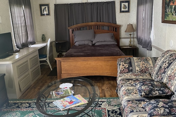 A picture of the Queen bed and living area