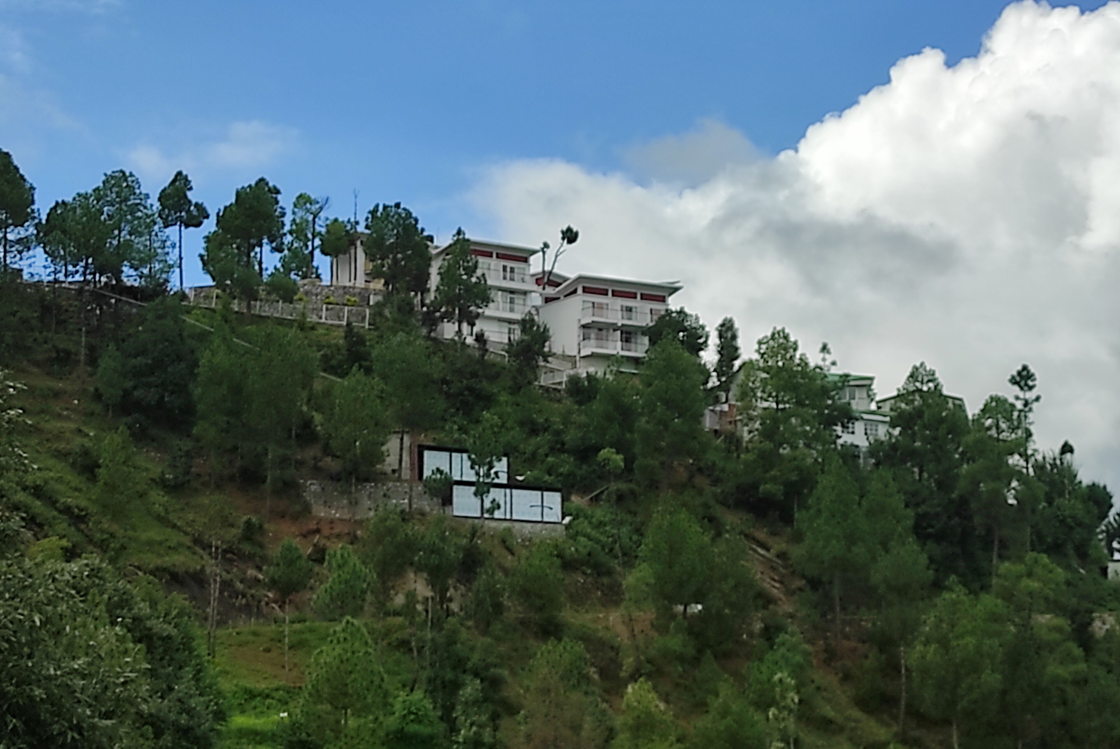 A hillside residential area with modern buildings, surrounded by dense greenery and a partly cloudy sky.