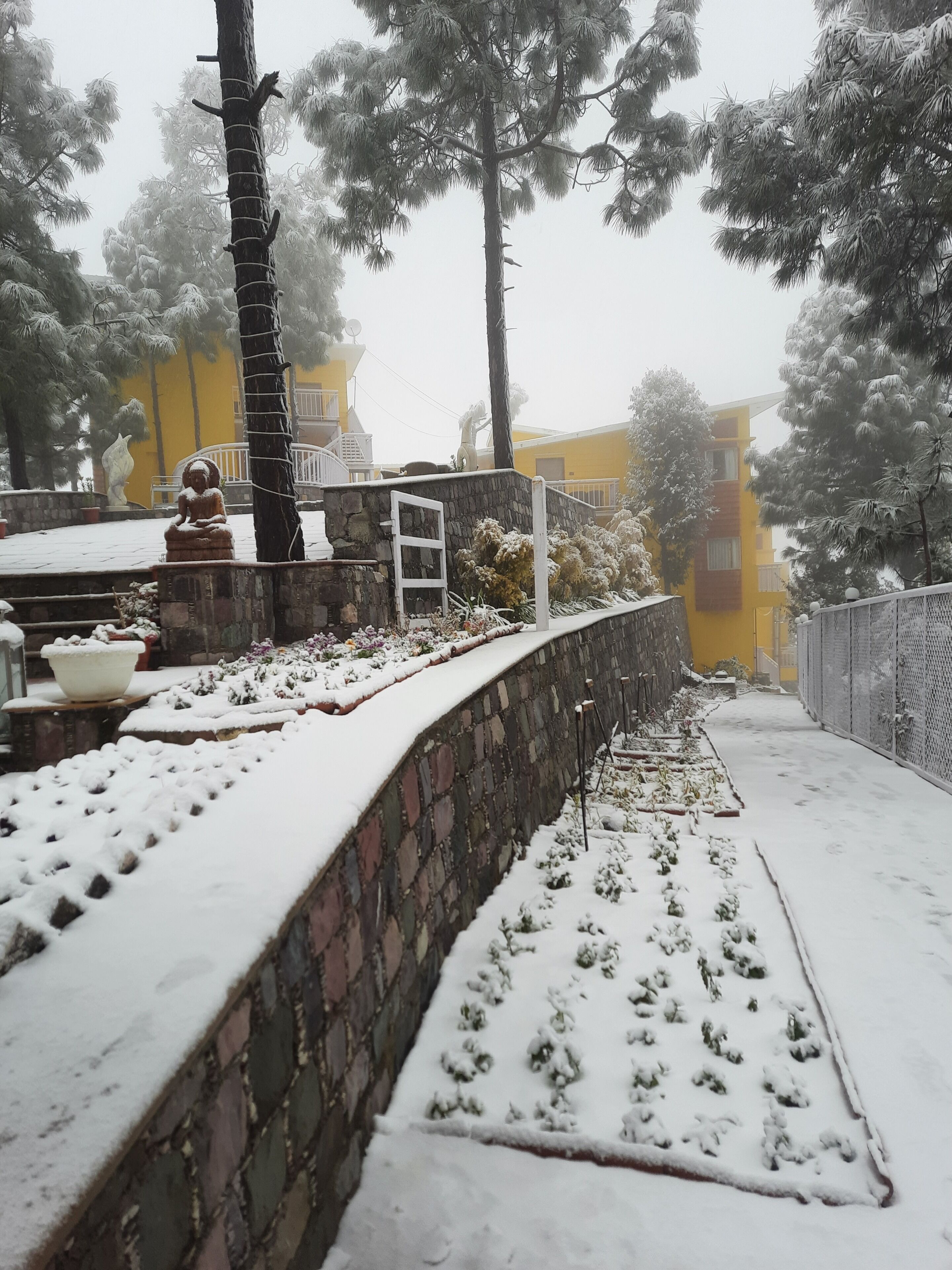 A snow-covered outdoor area with a stone wall, a statue, and a yellow building in the background.