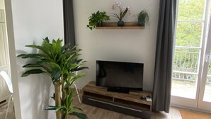 A living room with a TV on a wooden stand, a potted plant, and a shelf with plants. - Ferienwohnung König Georg (Wurzen)