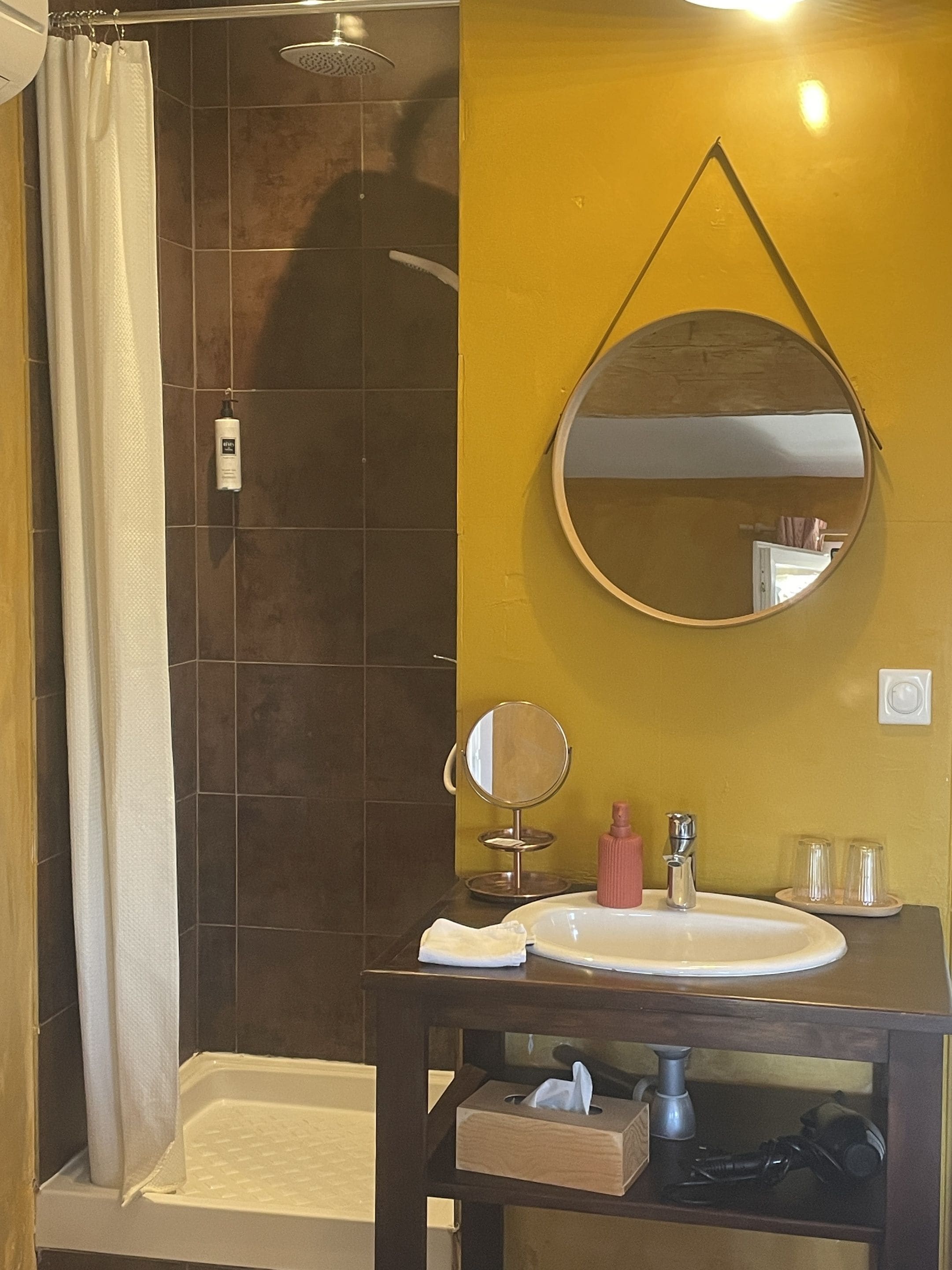 Une salle de bain équipée d’une douche, d’un lavabo, d’un miroir et d’articles de toilette.