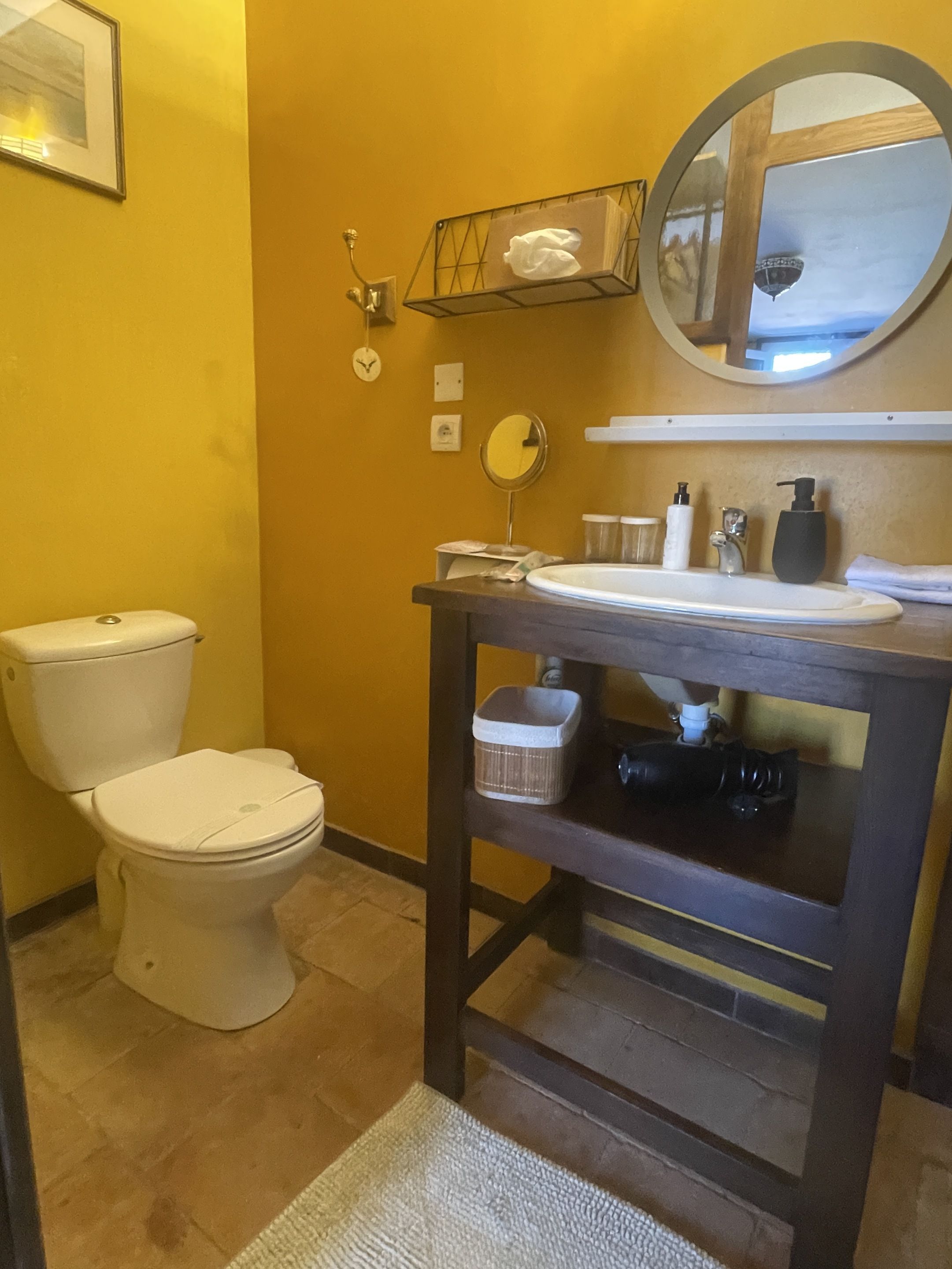 A bathroom with a toilet, sink, mirror, and shelves with toiletries.