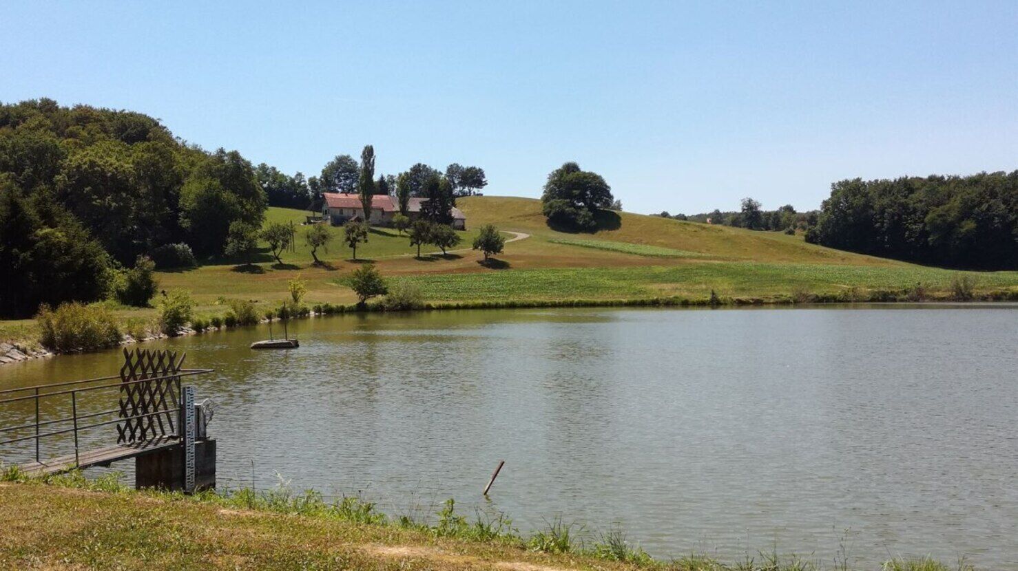 Un entorno tranquilo junto al lago, con un banco de madera y un pequeño muelle.