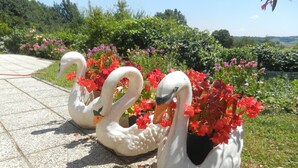 Dos macetas con forma de cisne con flores rojas sobre un sendero pavimentado.