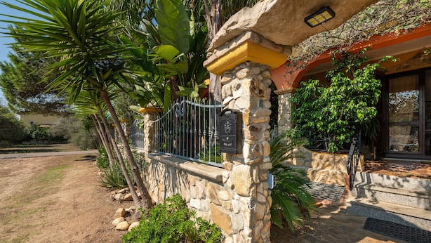 Une entrée en pierre avec un portail en métal, entourée de plantes tropicales et bordée d’une allée pavée menant à un bâtiment.