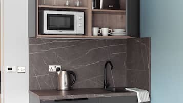 Fridge, microwave, electric kettle, toaster