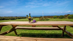 Una mesa de picnic de madera con una botella de vino y una copa, ubicada en un área cubierta de césped con vista al océano.