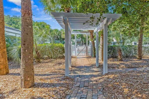 Un espacio exterior cubierto con un sendero de ladrillo que lleva a una estructura de pérgola blanca rodeada de palmeras y otra vegetación.