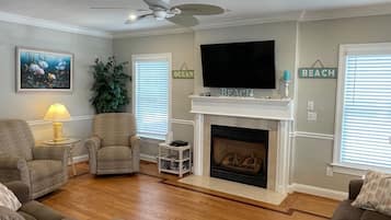 Smart TV, fireplace, DVD player, books