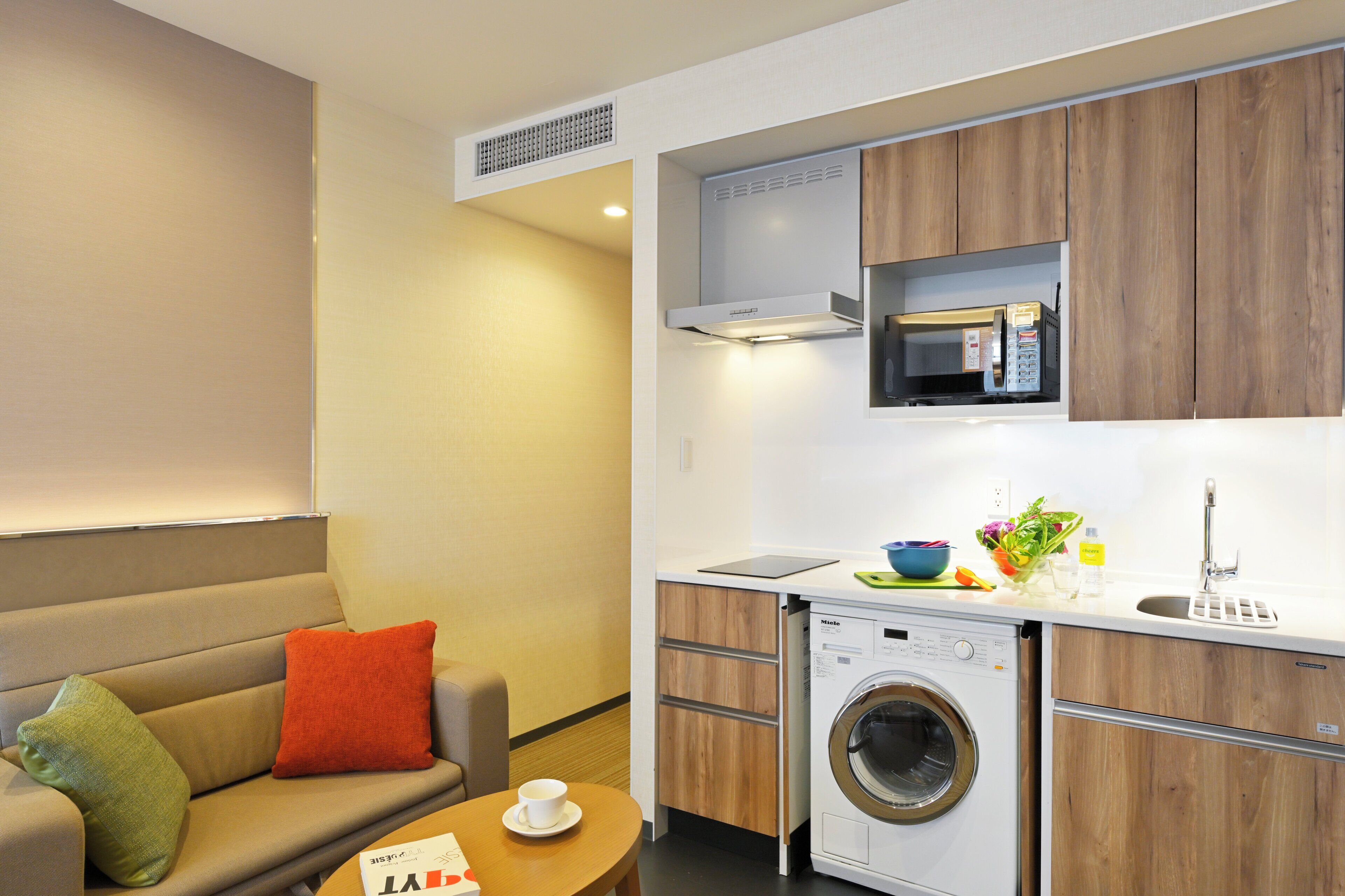A compact living space with a sofa, a coffee table, a washing machine, a microwave, and wooden cabinets.