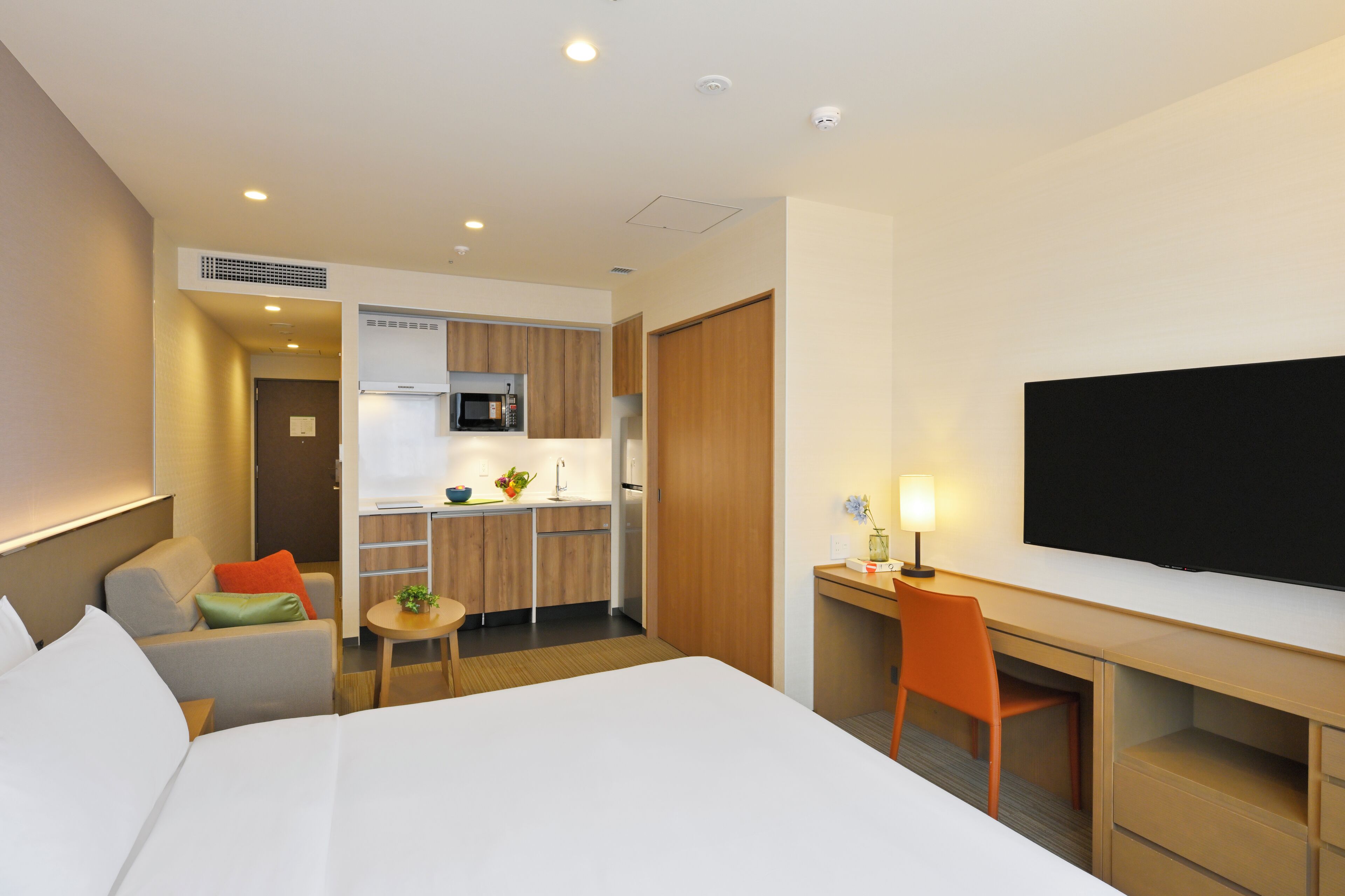 A hotel room with a bed, a desk, a chair, a TV, a small table with a plant, and a kitchenette.