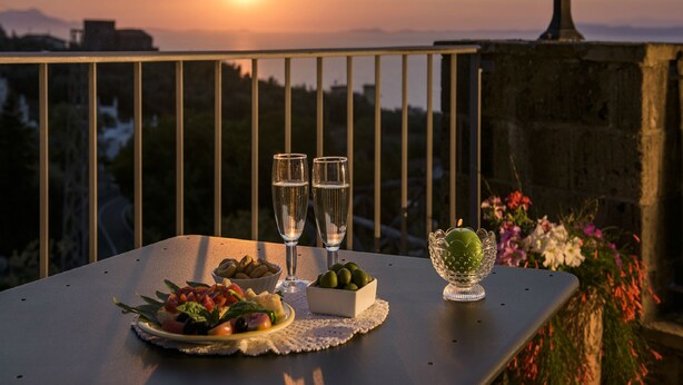 Una mesa dispuesta con ensalada, dos vasos, un cuenco de aceitunas y una manzana decorativa en un balcón con vistas al atardecer.