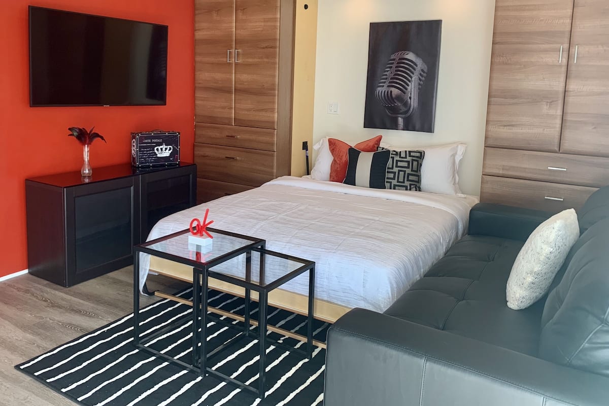 Une chambre à coucher moderne avec un lit, un canapé, une télévision et une table de chevet.