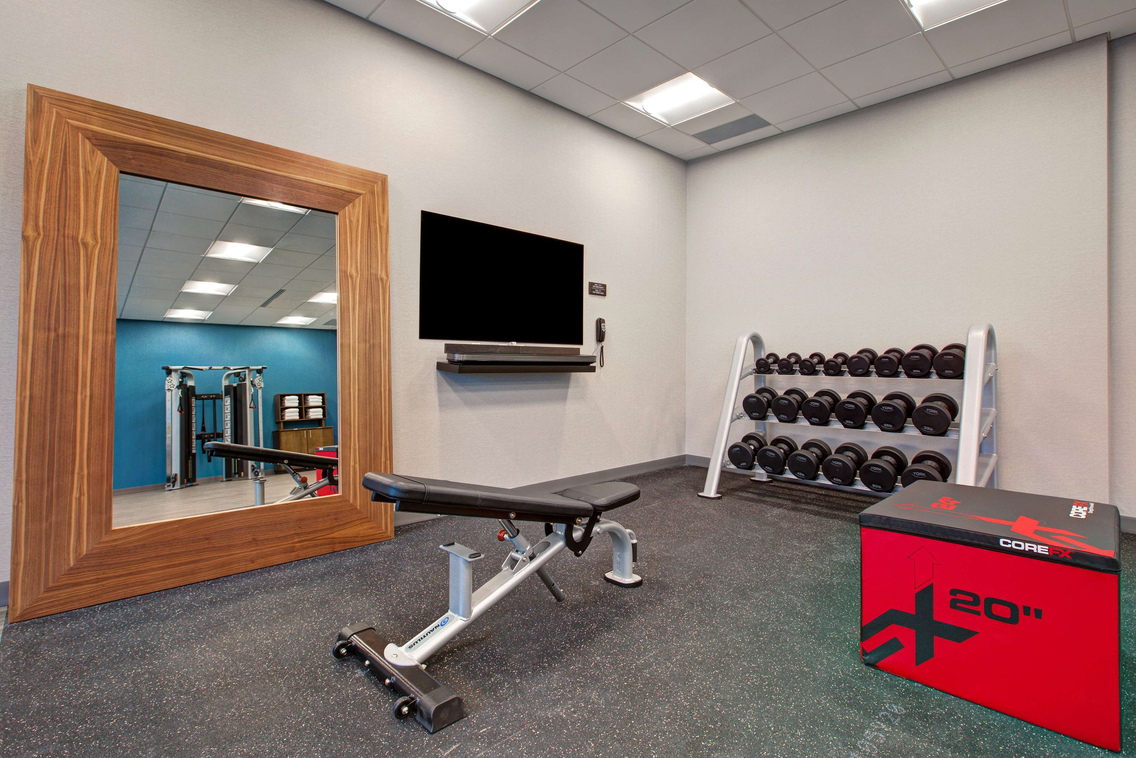 A gym with a bench press, a wall-mounted TV, a mirror, and a rack of dumbbells.