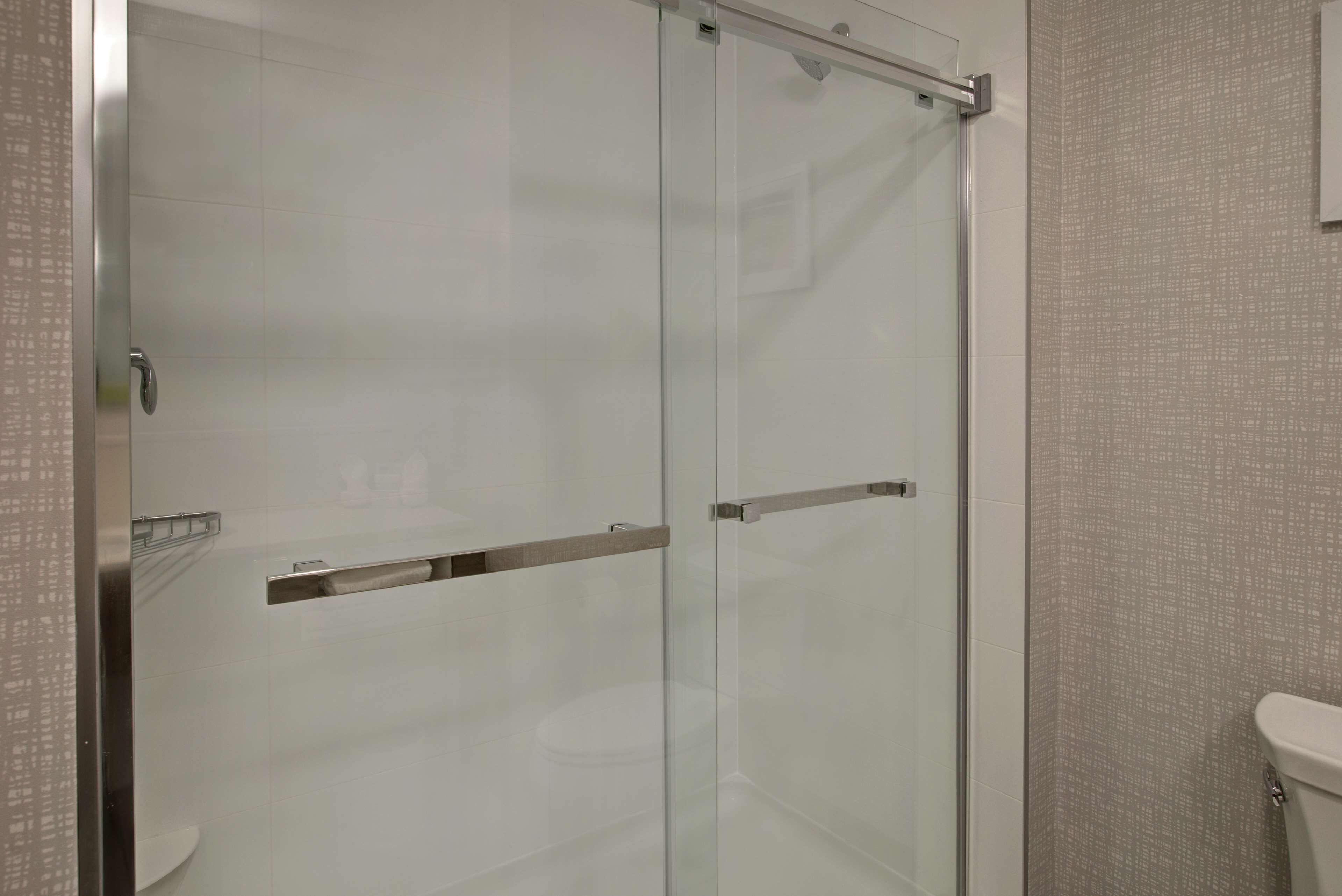 A modern bathroom with a glass shower enclosure, a toilet, and a towel rack.