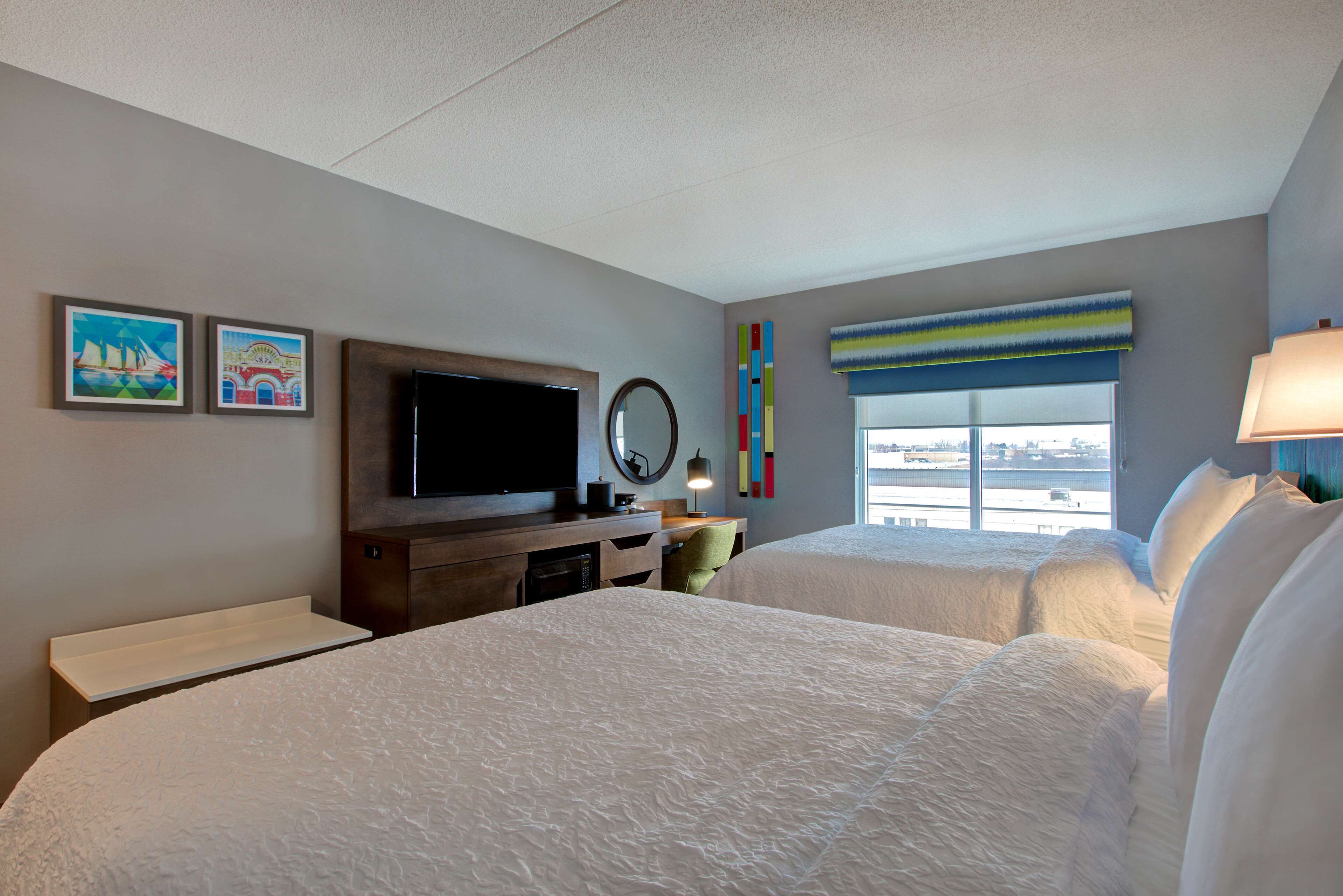 room, 2 queen beds, refrigerator & microwave | desk, laptop workspace, blackout curtains, iron/ironing board