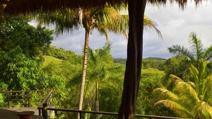 A thatched roof structure with a view of lush greenery and palm trees. - Villas Punta India (Cuajiniquil)