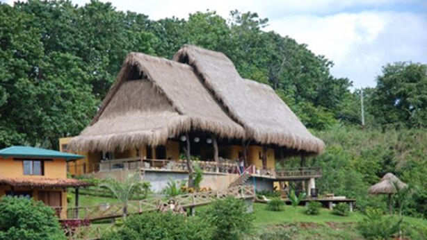 A thatched-roof house with a balcony, surrounded by lush greenery. - Villas Punta India (Cuajiniquil)