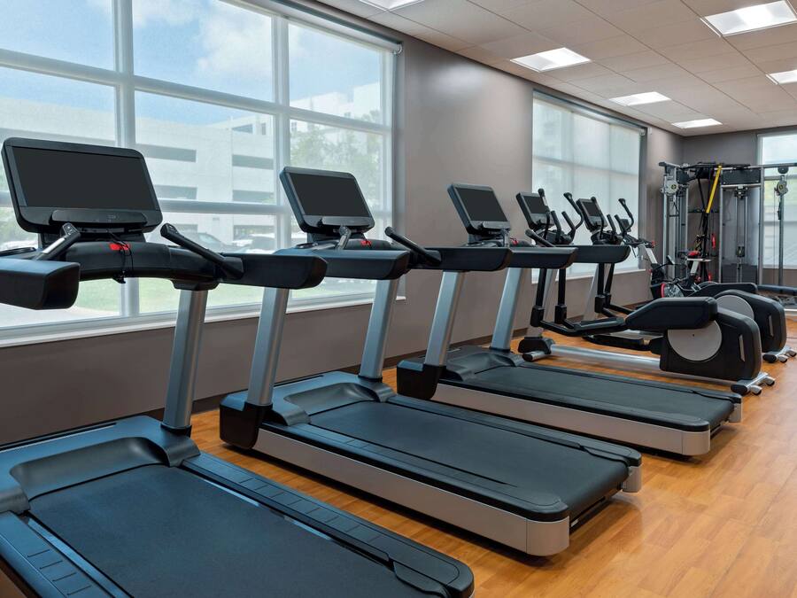 A gym with multiple treadmills aligned in a row, large windows, and exercise equipment.