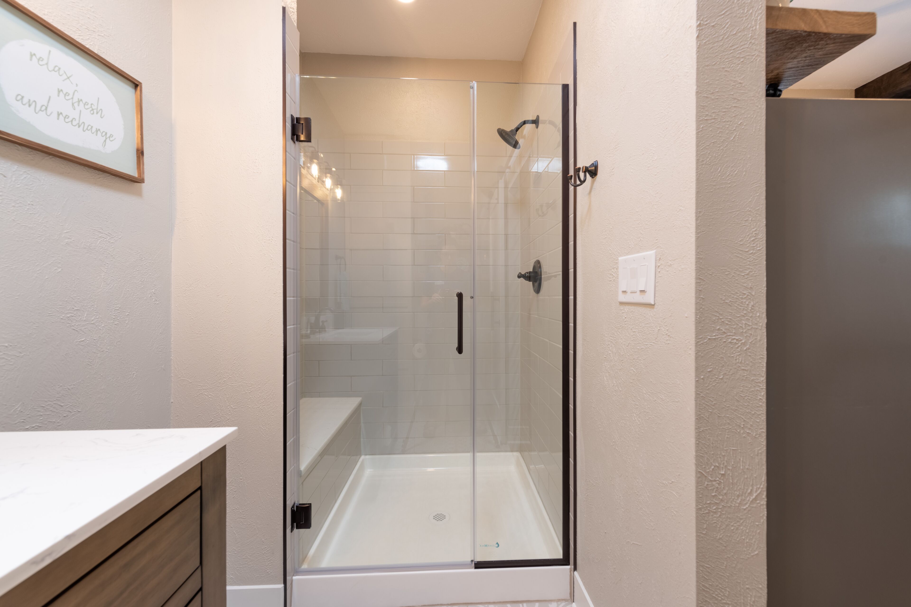 Hair dryer, towels, soap, shampoo