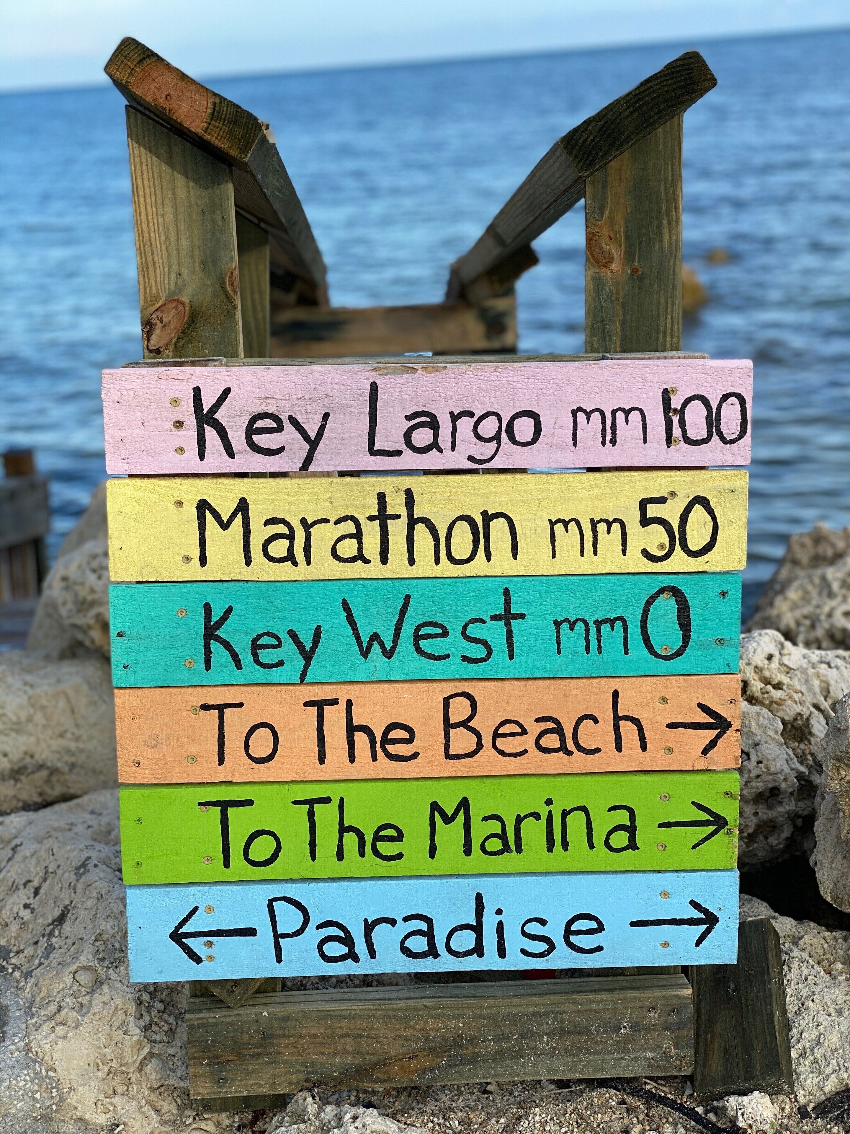 A directional sign with arrows pointing to various destinations.