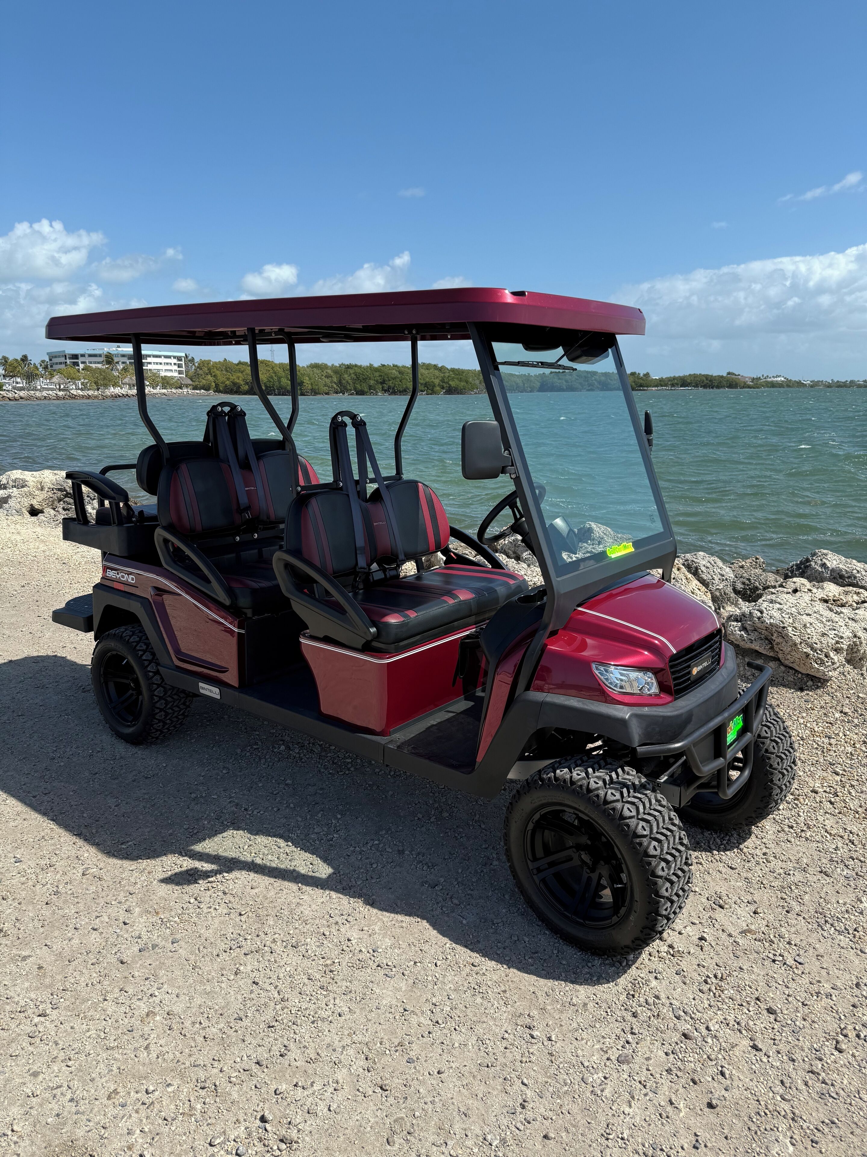 A red golf cart with a canopy, parked on a gravel area near a body of water.