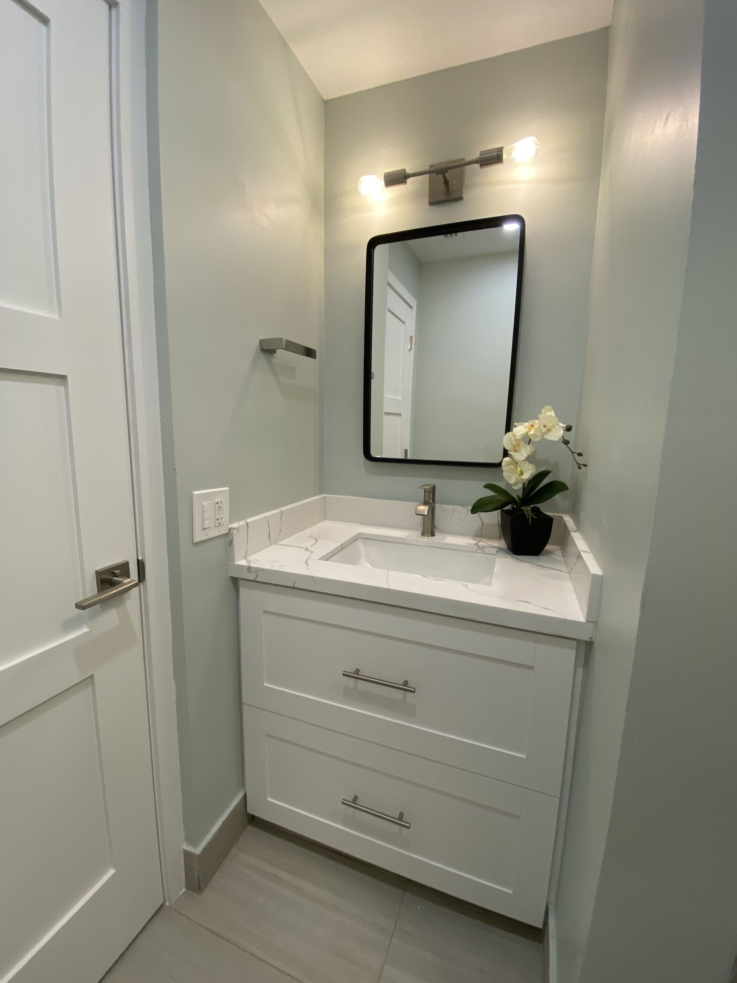 A bathroom with a white vanity, a mirror, a light fixture, and a potted orchid.