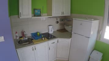 Fridge, microwave, electric kettle, cookware/dishes/utensils