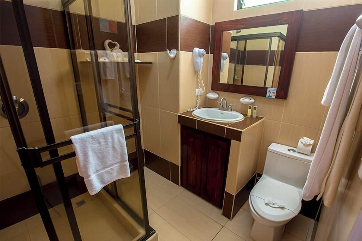 A bathroom with a glass shower enclosure, a sink with a mirror above it, and a toilet.