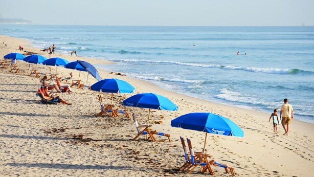 Ein Strand mit blauen Sonnenschirmen und Liegestühlen, ein sandiger Uferstreifen und das Meer im Hintergrund.