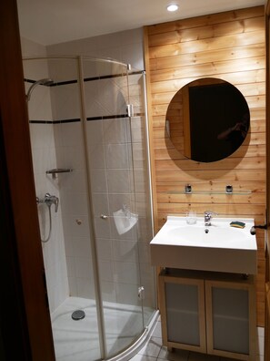 Regadera, secadora de cabello, papel de baño 