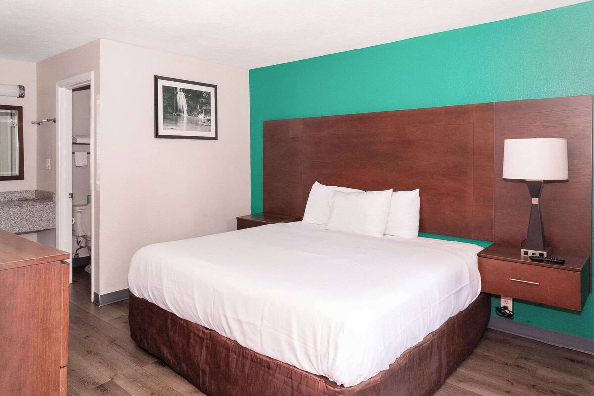 Une chambre d’hôtel avec un grand lit, une tête de lit en bois, une table de chevet avec une lampe et un tableau au mur.