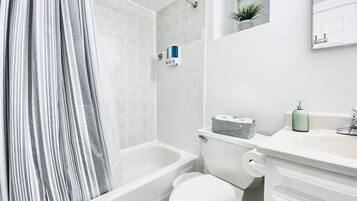 Secadora de cabello, toallas, jabón, shampoo