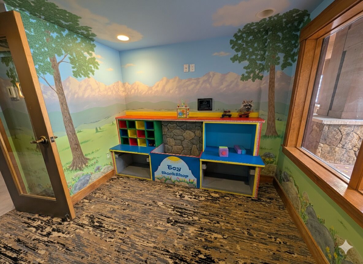 A children's play area with a wooden floor, a play table with storage, and a mural of a landscape with trees and mountains.
