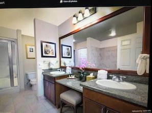 Hair dryer, towels, soap, toilet paper