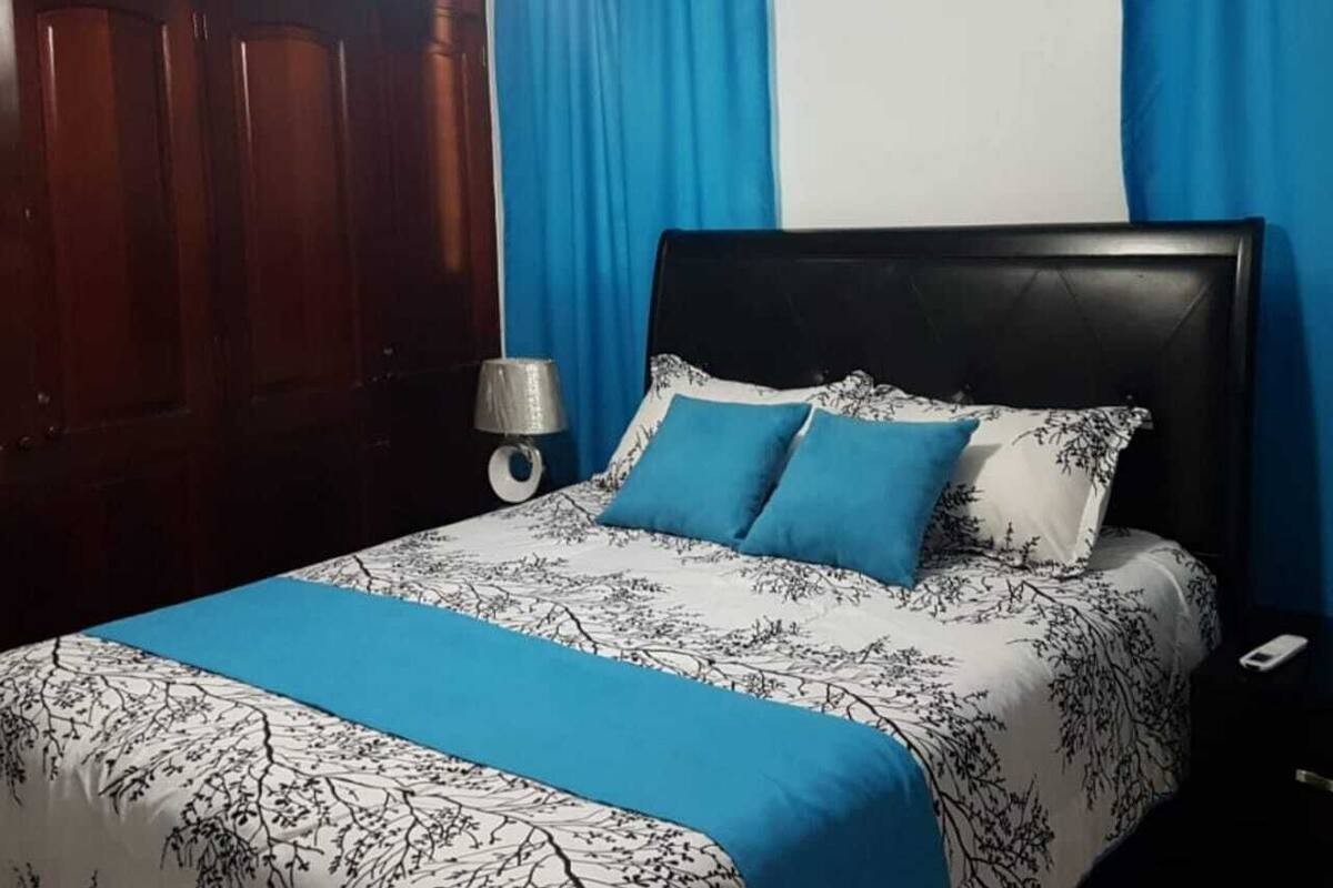 Ein Schlafzimmer mit einem Bett, blauen Vorhängen, einer Holztür und einer Deckenleuchte.