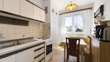 Fridge, microwave, oven, high chair