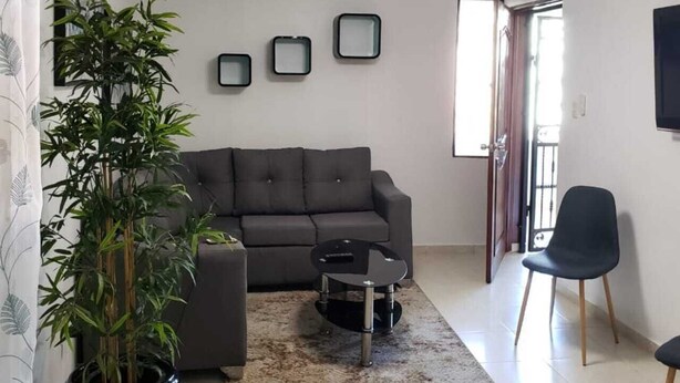 A living room with a grey sofa, a coffee table, a potted plant, and a TV on the wall. - Residencial Las Dianas (Santiago de los Caballeros)