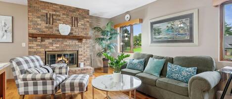 Smart TV, fireplace, books