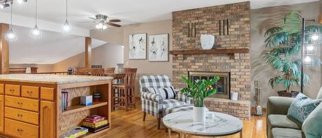 Smart TV, fireplace, books