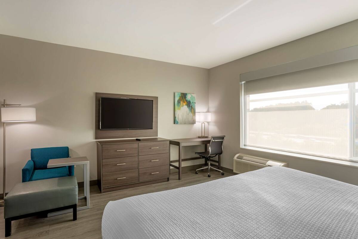 A hotel room with a bed, a desk, a chair, a television, and a window with a view.