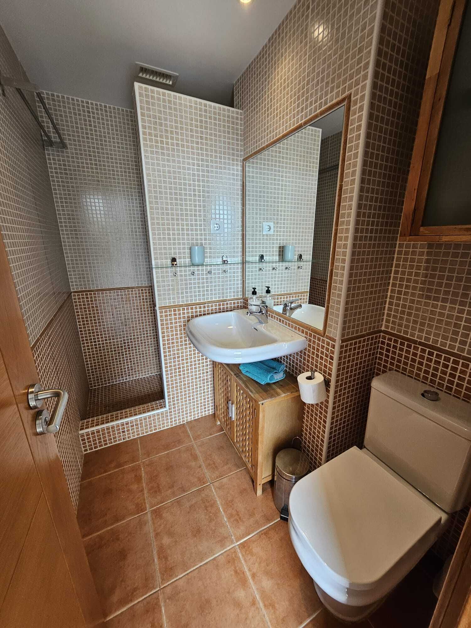A bathroom with a sink, mirror, toilet, and shower.