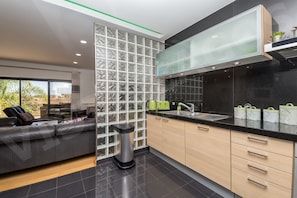Fridge, microwave, oven, cookware/dishes/utensils