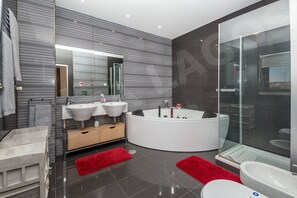 Tina, secadora de cabello, toallas, papel de baño 