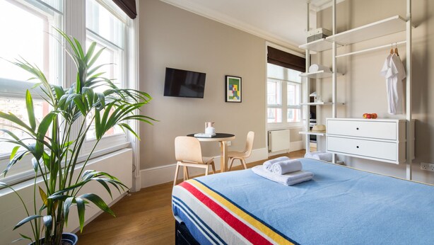 A hotel room with a bed, a potted plant, a desk with a chair, a TV, and a wardrobe. - Bright Covent Garden Studio - Netflix & Nespresso (London)