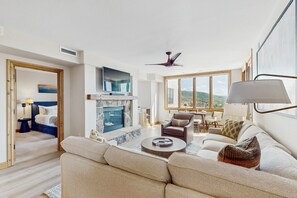 TV, fireplace, books