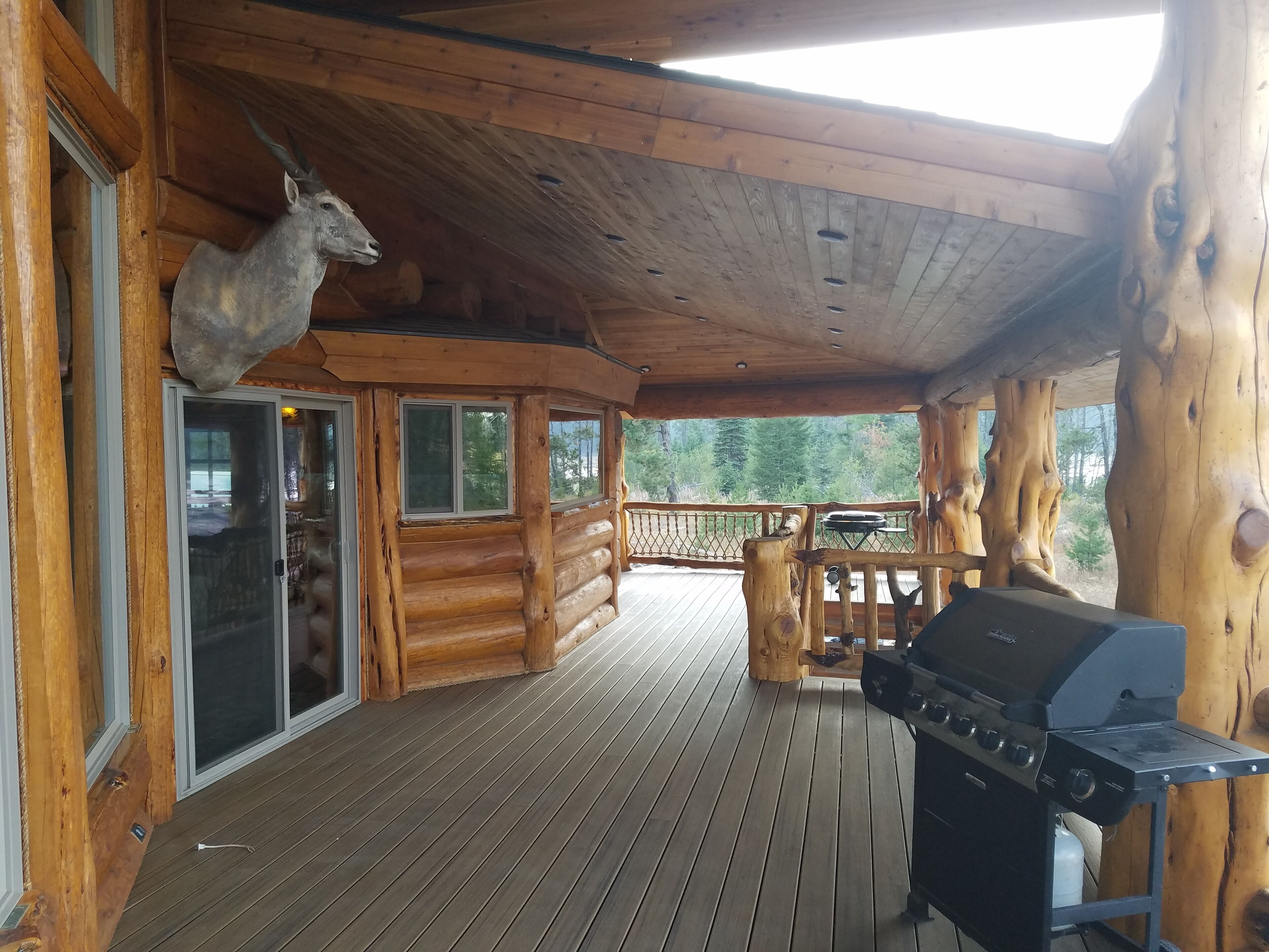 A wooden deck with a grill and a deer head mounted on the wall.