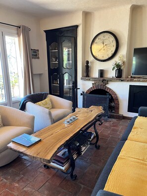 TV connectée, cheminée, lecteur de DVD, livres